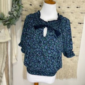 NWT lucky brand blue floral crop peasant top size S